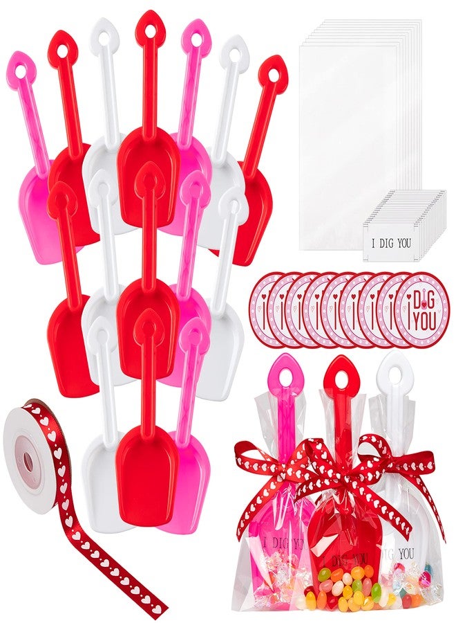 Haooryx Valentine's Day Shovels Toy Gift Set - Plastic Shovel Toy White Red Pink Mini Sand Scoop Shovel Toys Valentines Party Gift 18Set Shovels I Dig You Stickers Labels Clear Bags and 1 Heart Ribbon - Image 1
